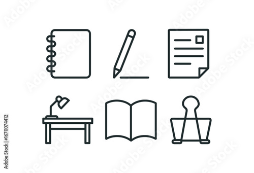 simple outline stroke icon isolated on white background: spiral notebook pencil line lecture note study desk open page binder clip