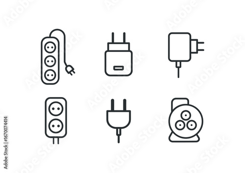 simple outline stroke icon isolated on white background: extension cord usb charger charging brick socket strip plug prong cable reel