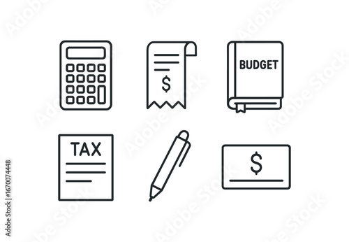 simple outline stroke icon isolated on white background: desk calculator receipt roll budget ledger tax form accounting pen payout slip
