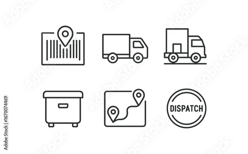 simple outline stroke icon isolated on white background: tracking barcode cargo truck loading dock locker bin route map dispatch stamp