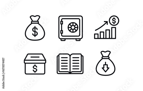 simple outline stroke icon isolated on white background: money pouch bank vault investment graph budget box credit ledger payout bag