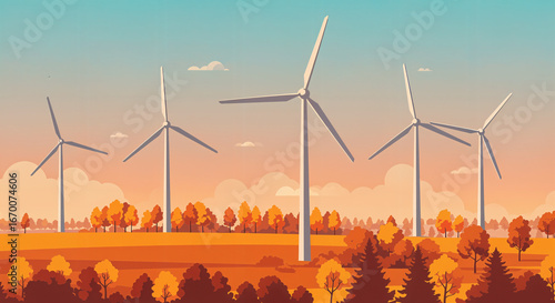 Renewable Energy with Wind Turbines in Scenic Autumn Countryside, nature and energy, generative ai