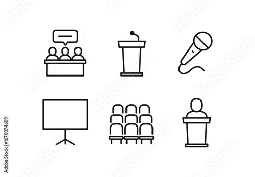 simple outline stroke icon isolated on white background: conference podium stand mic icon big screen rows of chairs speaker figure