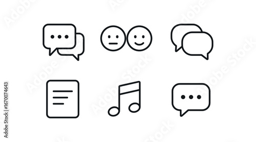simple outline stroke icon isolated on white background: dialogue two faces speech bubbles word lines note mark chat icon