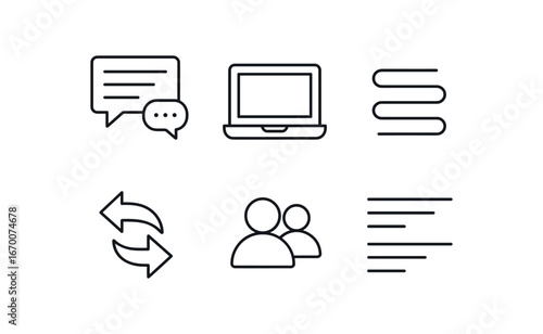 simple outline stroke icon isolated on white background: online forum laptop screen thread lines reply arrows user icons text blocks
