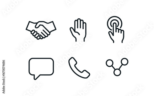 simple outline stroke icon isolated on white background: direct contact hand reach finger touch chat bubble phone mark connection dot