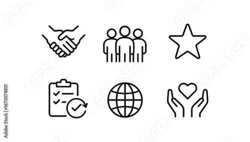 simple outline stroke icon isolated on white background: strong alliance group figures mark shared task globe sign trust line
