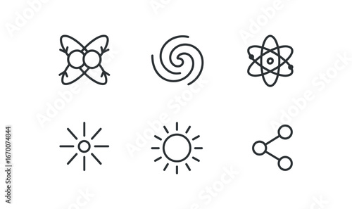 simple outline stroke icon isolated on white background: nuclear fusion plasma swirl orbit dots core burst sun icon science line