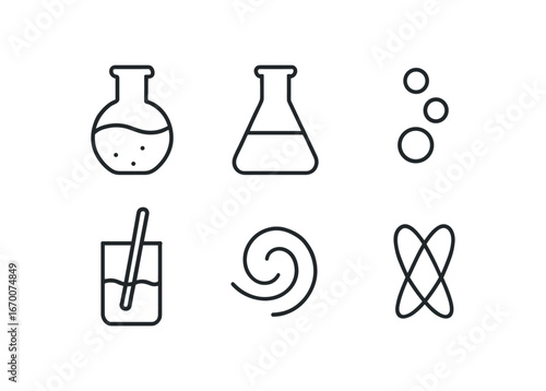 simple outline stroke icon isolated on white background: chemical mixture beaker flask bubble rise stir swirl marks blend icon