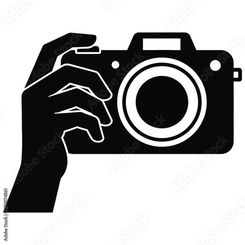 Stylized hand holding compact camera isolated on white background