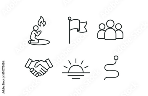 simple outline stroke icon isolated on white background: ritual initiation flag icon group figures handshake mark rising sun path line