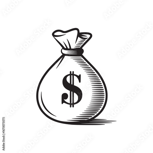 A black and white illustration of a money bag with a dollar sign on it in a simple design style