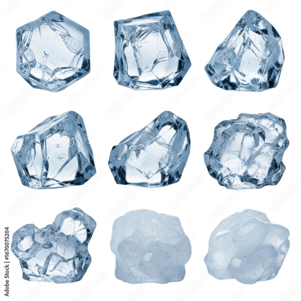 Obraz premium Ten distinct, serene fractured ice elements, crystalline formations, geometric and organic shapes, cool blue to white, on a transparent background, macro studio product photography concept