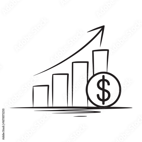 Illustration of a bar graph with an upward trending arrow and a dollar sign on a white background