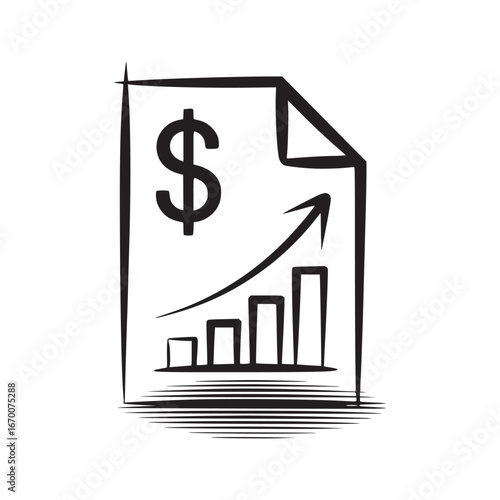 A stylized financial report showing a dollar sign and an upward trending bar graph on a document