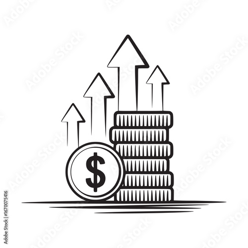 Illustration of stacked coins with dollar sign and upward pointing arrows on white background