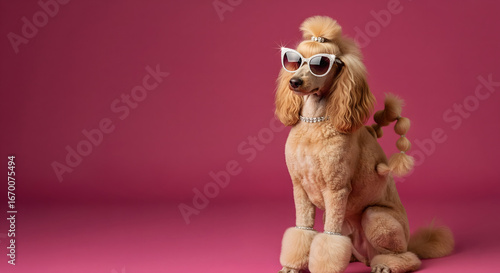 Fashionable Poodle in glamorous sunglasses, a funny concept of a rich and pampered pet