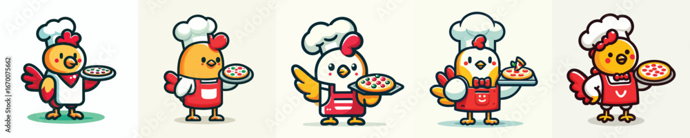 Naklejka premium Cartoon Chicken Chef Vector Set – Adorable Hen Cooking Pizza