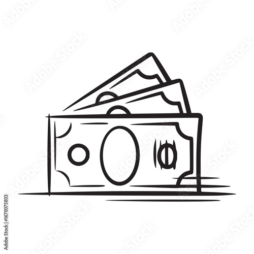 A simple line drawing of a stack of paper money with visible details on each bill in black and white
