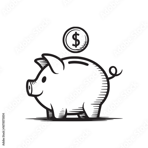 A black and white drawing of a piggy bank with a dollar coin above it on a white background image