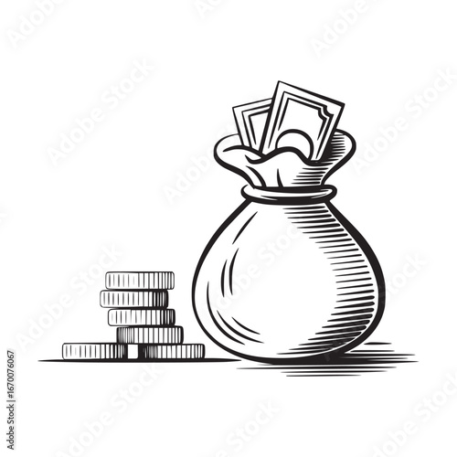 Illustration of a money bag filled with dollar bills and a stack of coins on a white background