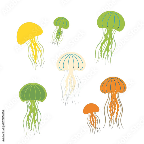 Various Jellyfish in Yellow Green and Orange Floating Against a White Background