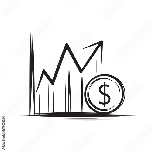 Black and white illustration of a financial growth chart with a dollar coin symbol next to it