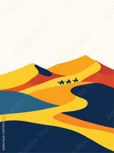 Desert camel caravan in dunes