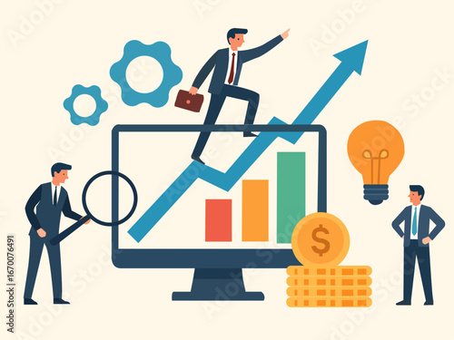 businessman and business graph A Colorful Bar Chart Illustration Depicting Data Points With an Upward Growth Arrow on a Blue Background.Bar Business Graph Upward Stock Illustrations