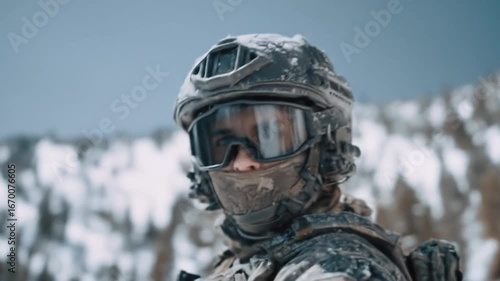 Soldier in Winter Gear with Winter Landscape, Military Personnel, Strategic Focus, and Cold Weather Ops.