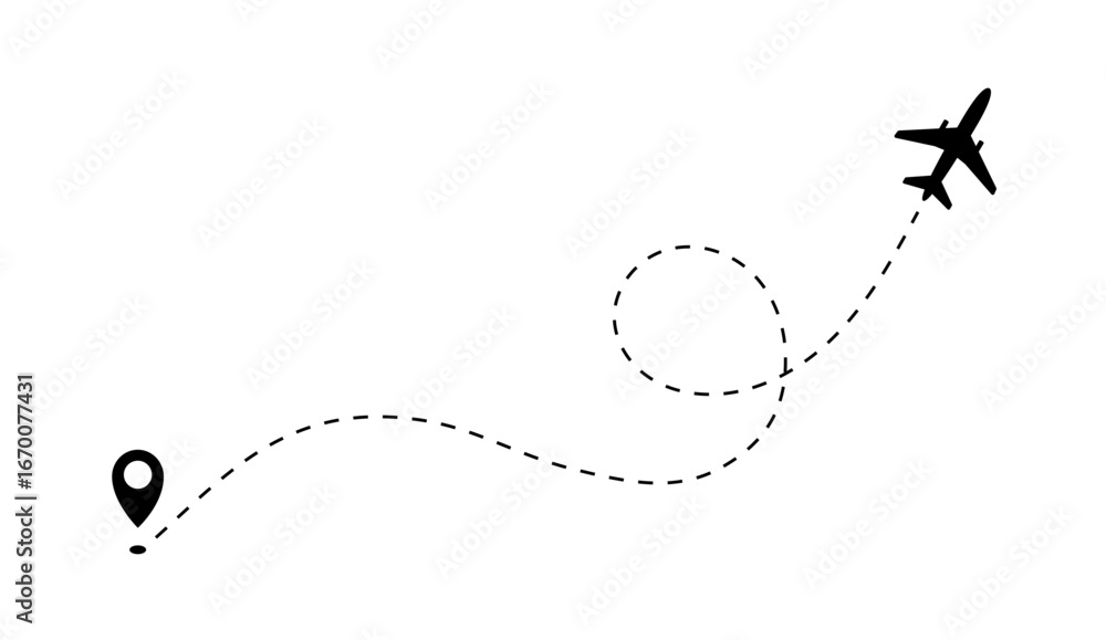 Airplane flight route trajectory, track dash line isolated on white background Airplane flight route trajectory, track dash line isolated on white background