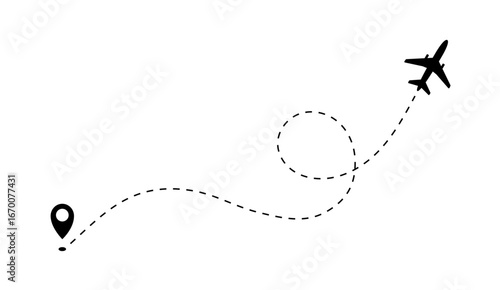 Airplane flight route trajectory, track dash line isolated on white background