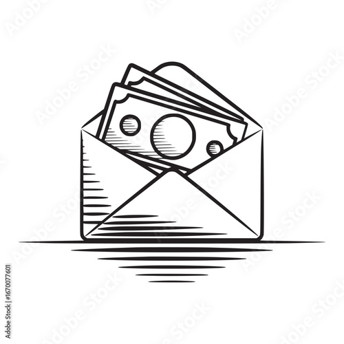 An open envelope with money visible inside in a black and white line drawing style illustration design