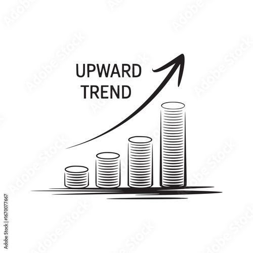 Illustration of an upward trend with stacked coins and an arrow pointing upwards on a white background