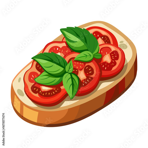 Delicious Italian Bruschetta Vector Illustration with Fresh Tomato, Basil, Olive Oil Toppings, Perfect for Food Menu, Recipe, and Culinary Designs