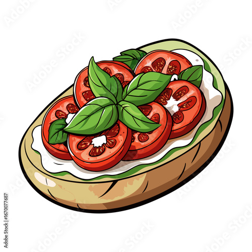 Delicious Italian Bruschetta Vector Illustration with Fresh Tomato, Basil, Olive Oil Toppings, Perfect for Food Menu, Recipe, and Culinary Designs