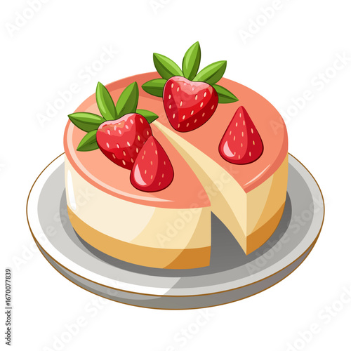 Delicious Strawberry Cheesecake Vector Illustration on White Plate, Sweet Dessert Artwork, Perfect for Bakery, Menu, Recipe, Food Design Projects