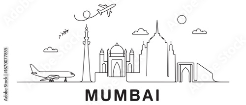 Mumbai skyline with travel, airplane, and simple line art. with white background