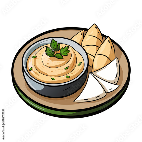 Delicious Mediterranean Hummus Platter with Fresh Pita Bread, Olive Garnish, Healthy Snack, Vegan Appetizer, Authentic Middle Eastern Cuisine Vector Art