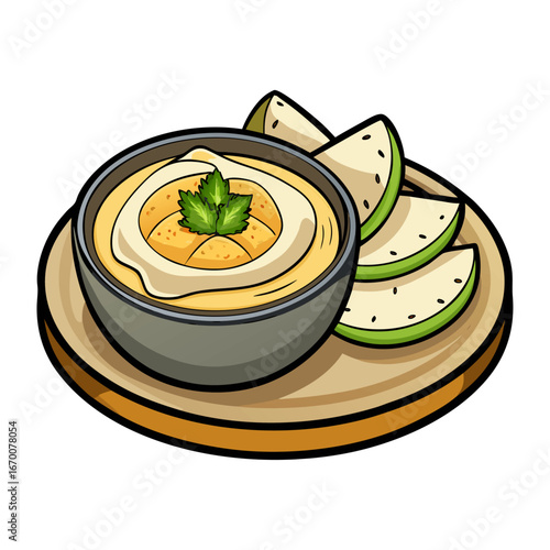 Delicious Mediterranean Hummus Platter with Fresh Pita Bread, Olive Garnish, Healthy Snack, Vegan Appetizer, Authentic Middle Eastern Cuisine Vector Art