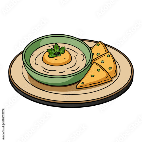 Delicious Mediterranean Hummus Platter with Fresh Pita Bread, Olive Garnish, Healthy Snack, Vegan Appetizer, Authentic Middle Eastern Cuisine Vector Art
