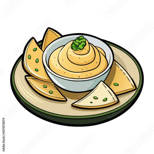 Delicious Mediterranean Hummus Platter with Fresh Pita Bread, Olive Garnish, Healthy Snack, Vegan Appetizer, Authentic Middle Eastern Cuisine Vector Art