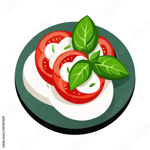 Fresh Caprese Salad Vector Illustration with Mozzarella Cheese Slices, Basil Leaves and Tomatoes in Minimalist Flat Food Design for Restaurant Branding