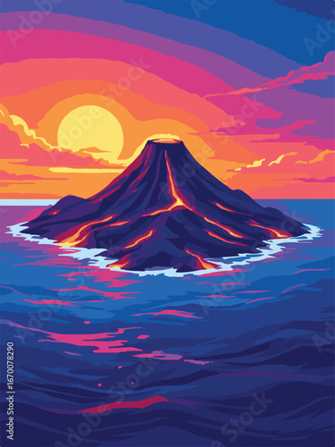 Sunset Volcano Island in Ocean
