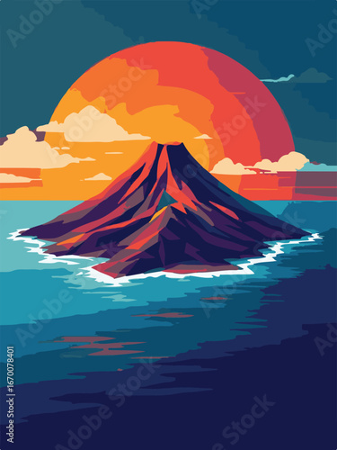 Active Volcano Eruption with Sunset Background