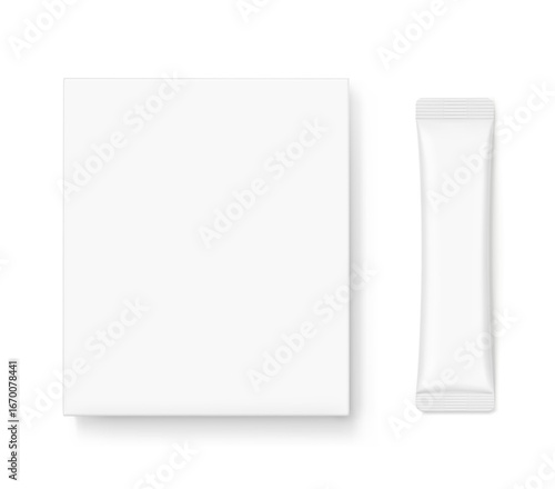 Blank package stick mockup with paperboard box mockup. Flat lay view. Vector illustration isolated on white background. Can be use for food, cosmetic, medicine and etc. EPS10.
