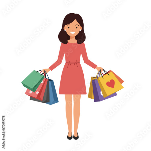 Happy woman enjoying shopping with colorful bags in her hands, retail therapy, consumerism concept