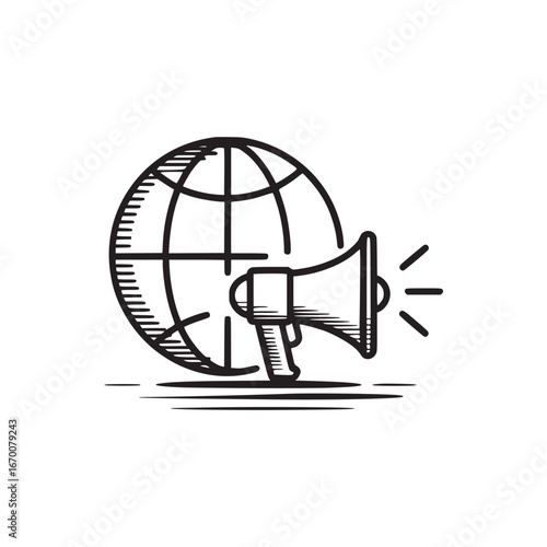 A black and white line drawing of a globe with a megaphone in front of it on a white background