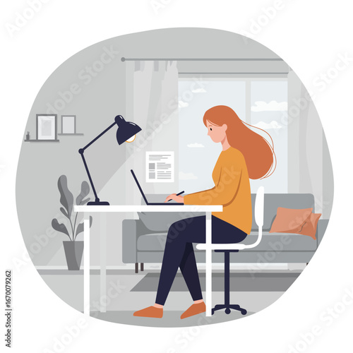 Focused female character studying or freelancing online in a comfortable home office. Flat design vector concept for remote work and digital education