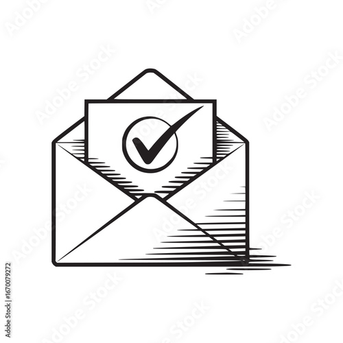 A black and white line drawing of an envelope with a check mark inside of a circle on a card inside it